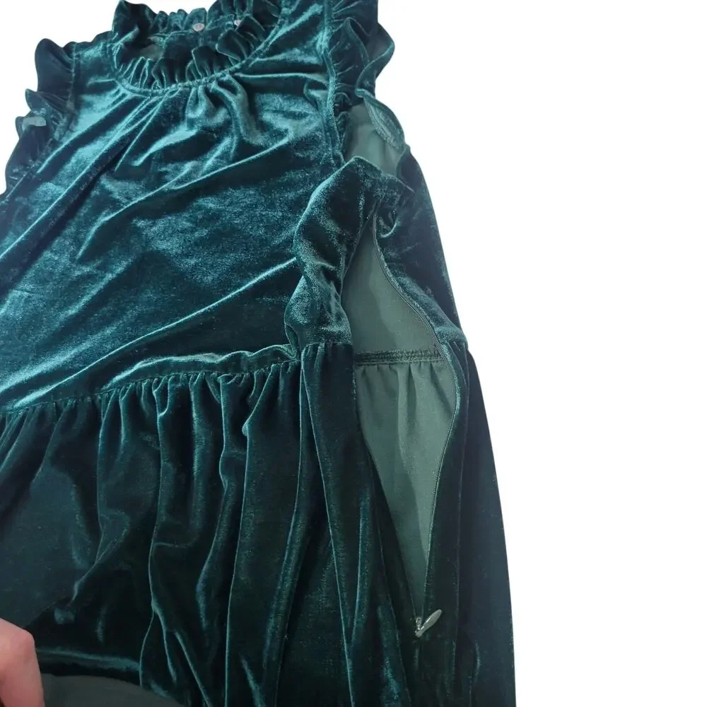 J. Crew Velvet Midi Dress 8 Emerald Green Tiered Ruffle High Neck Romantic Party - Picture 7 of 9
